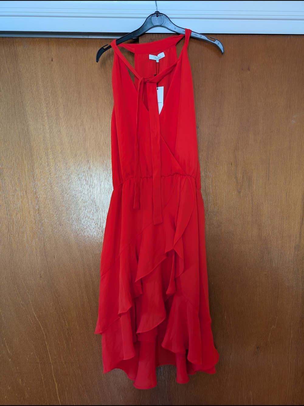 Parker Women's Red Ruffle Tie-Neck Dress Medium NEW